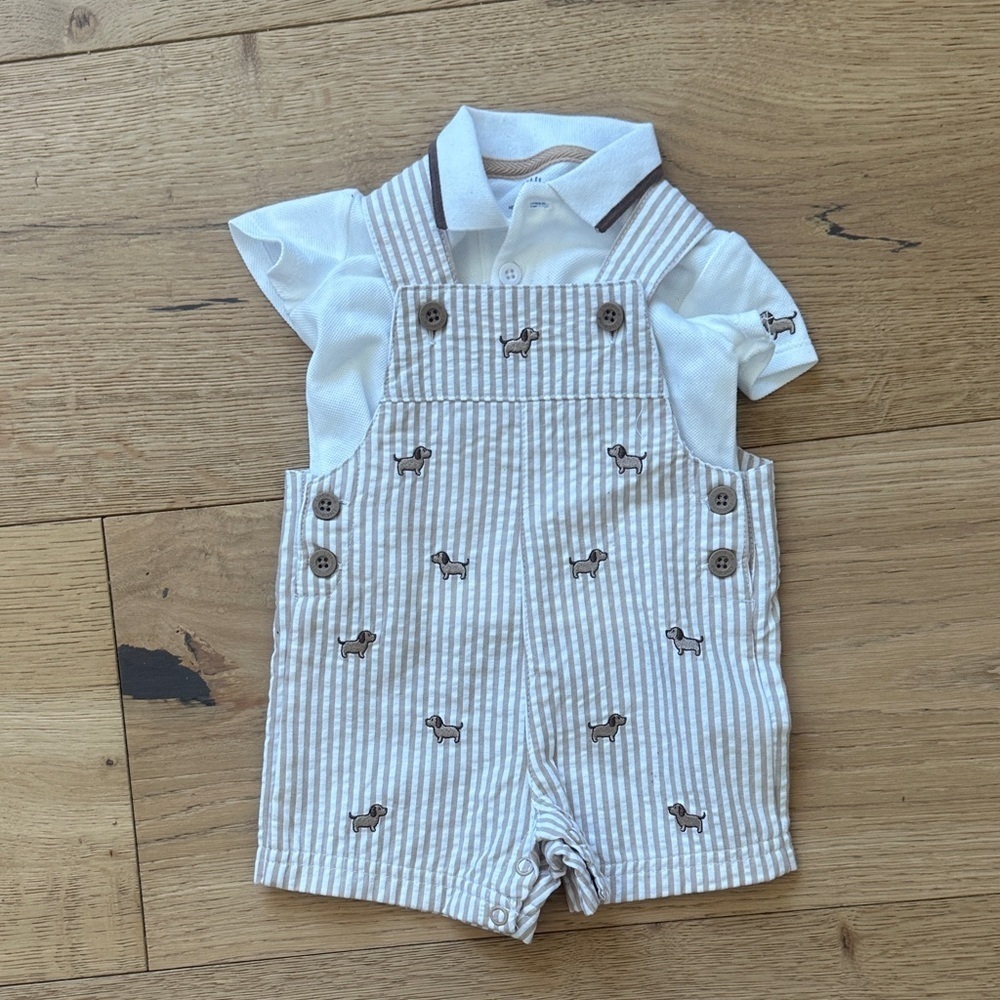 Little Me Beige Striped Overalls with White Collar